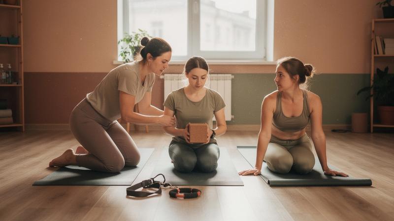 Instructor guiding three beginners through a mat class with blocks and straps in a bright studio