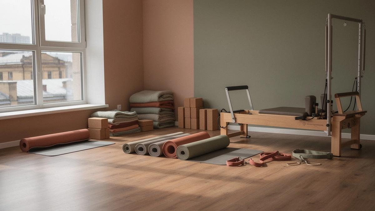 Mat, blocks and straps laid out in a beginner class at the Kyiv studio